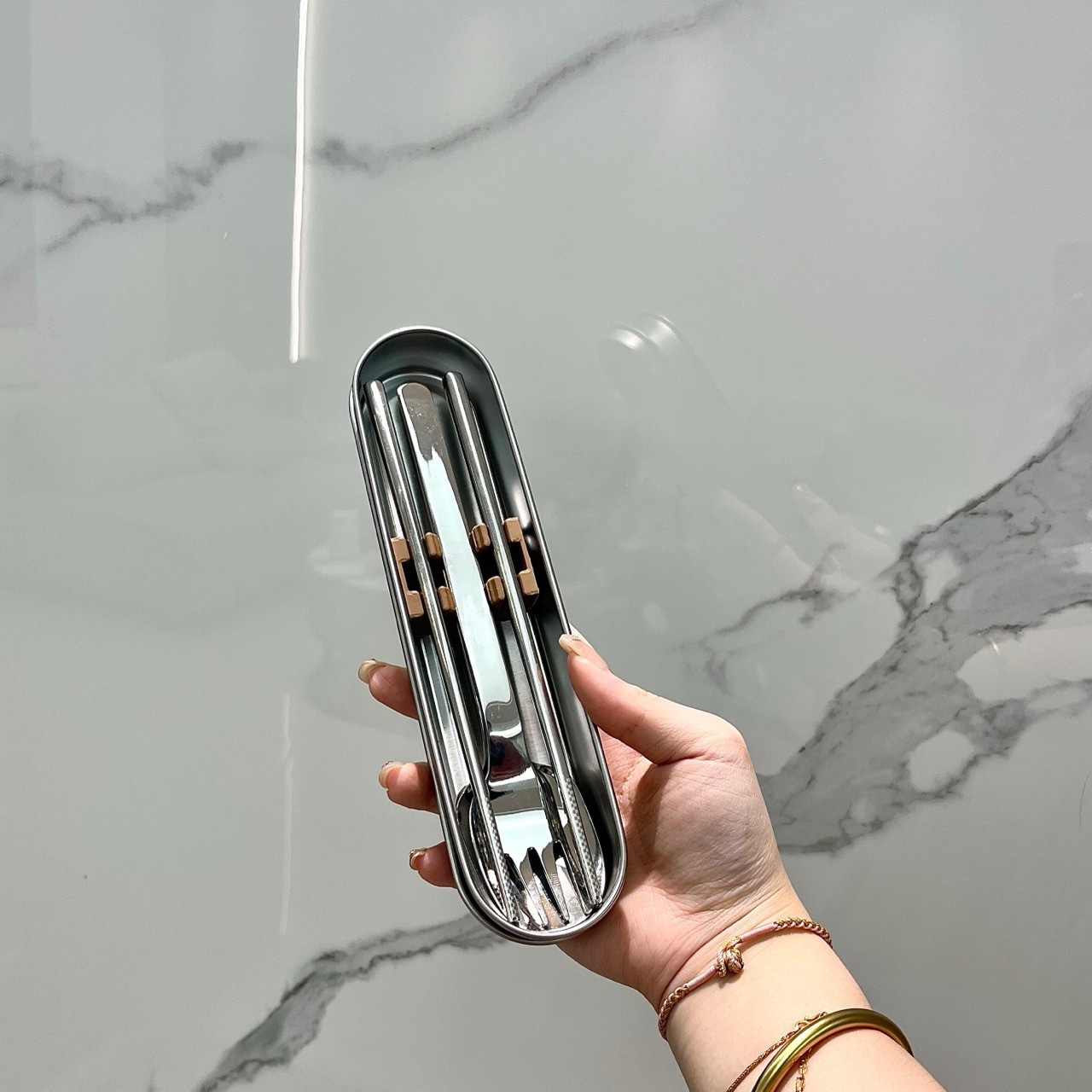 웨야 스틸 박스 스푼과 젓가락 2종 세트