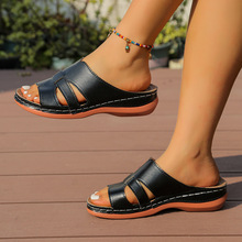 坡跟厚底拖鞋女外贸大码一字纯色编织欧美外穿休闲车缝线凉鞋女鞋