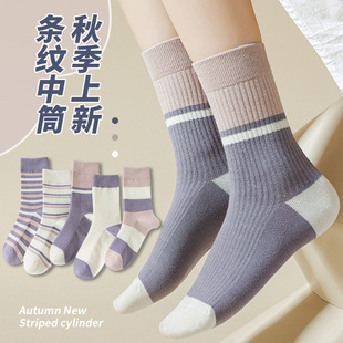 Striped purple socks women's autumn mid-calf length socks all-match internet popular pile socks spring and autumn stockings hot sale