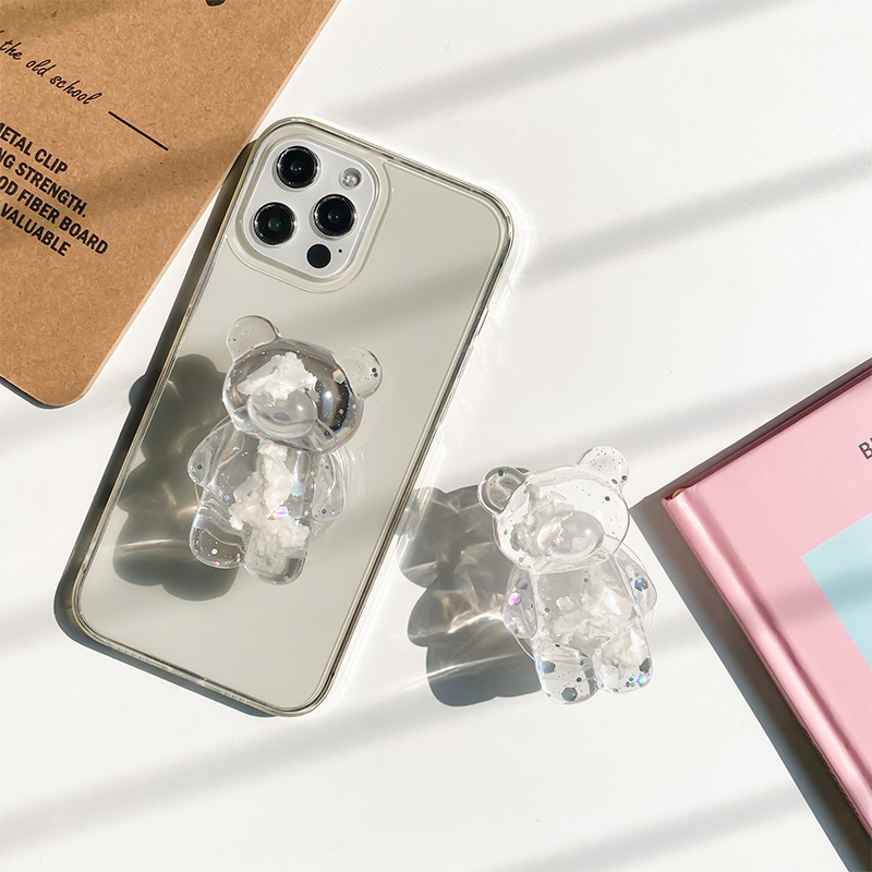 Cloud Bear phone case bear airbag holder, transparent Korean Instagram style, minimalist and niche sequin ring buckle_voghion.com