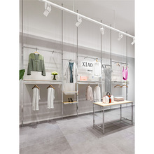 服装店展示架上墙立柱不锈钢银色拉丝挂衣服架子商场女装货架组合