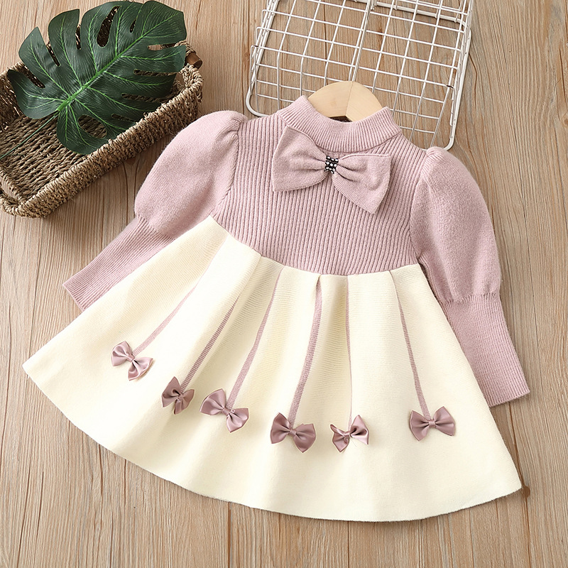 Polyacrylonitrile Fiber Fabric Type Elegant Color Block Bow Knot Polyacrylonitrile Fiber Girls Dresses