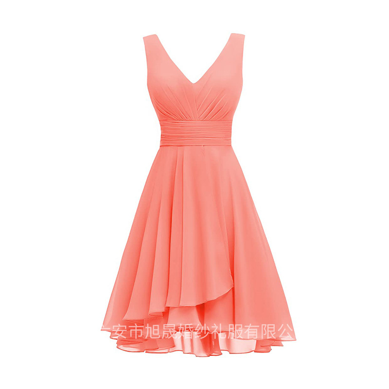 New women's V-neck bridesmaid dress high waist split dress with pockets chiffon pleated dress high waist slimming