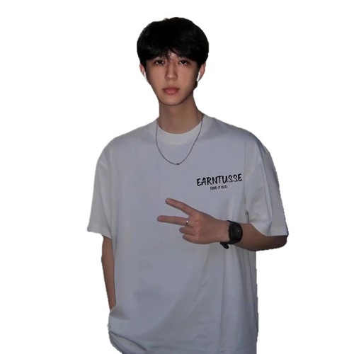 Men's Summer American Heavyweight Black Short-Sleeve T-Shirt with Personalized Simple Letter Loose Plus Size Pure Cotton Half-Sleeve T-shirt