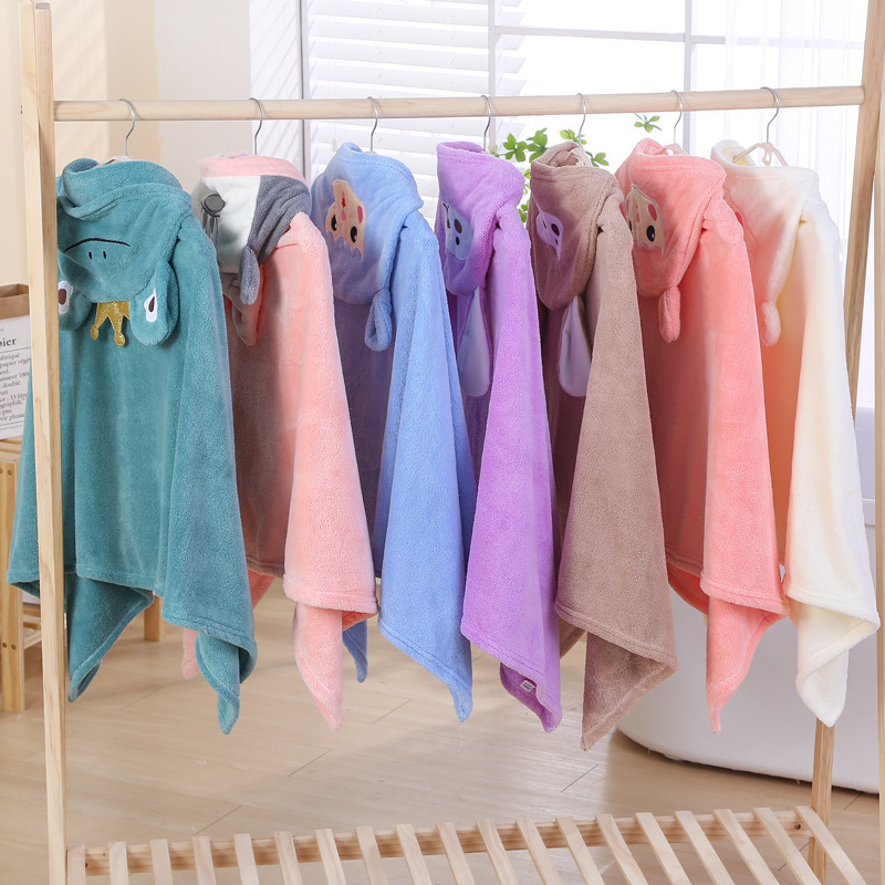 Children's Bath Towel Hooded Cloak Baby's Cloak Baby Coral Fleece Cartoon Cover Blanket Soft Absorbent Bath Cushion