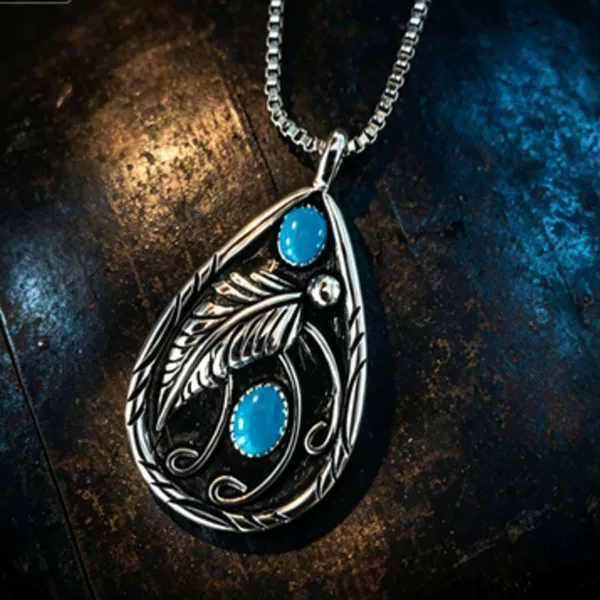 Cross-Border New European and American Style Retro Teardrop-Shaped Women's Necklace with Creative Embossed Feather Inlaid Turquoise Pendant