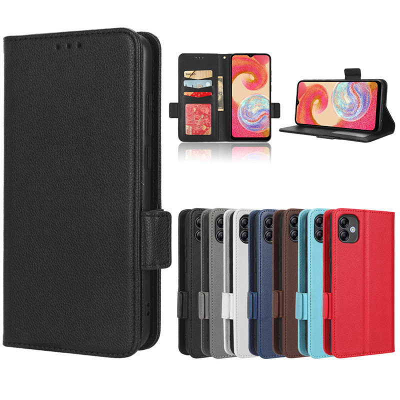 适用三星Galaxy A04e手机皮套A04E 4G手机壳侧翻盖插卡荔枝纹商务