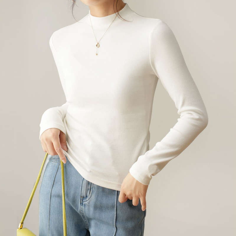 2025 New Autumn and Winter Pure Cotton Long-Sleeved T-Shirt Women's Korean Style Slimming Look Top Pure Color Versatile Bottoming Shirt A5439