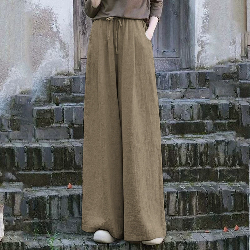 Широкие брюки из чистого льна, новые повседневные брюки, женские драпированные широкие брюки в китайском стиле в стиле ретро, ​​весенне-летние свободные утягивающие брюки