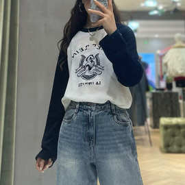 2026春款美式复古字母提花撞色插肩袖针织衫宽松毛衣女MBF1SWT001