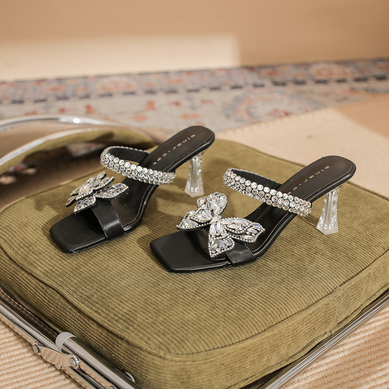 7318 Women's High-Heeled Slippers Thin Heels, 2026 New Model Crystal Heel Sandals With Rhinestone Strap And Bow_vogvips.com