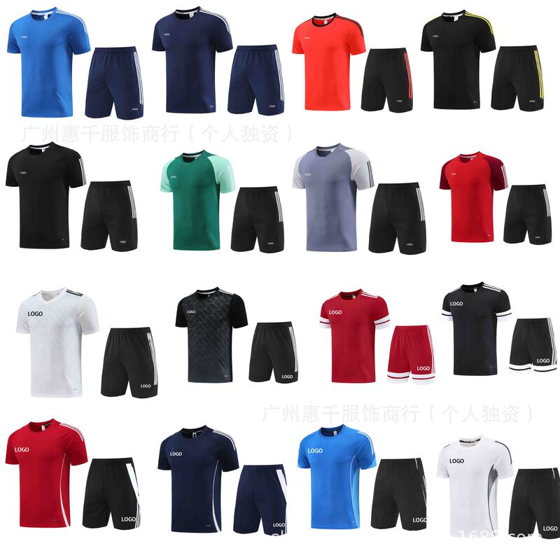 25 New Ad Series Short-Sleeved Shorts Suit with Flap Pocket Pants Zipper Training Suit Football Running Sports Adult Printing