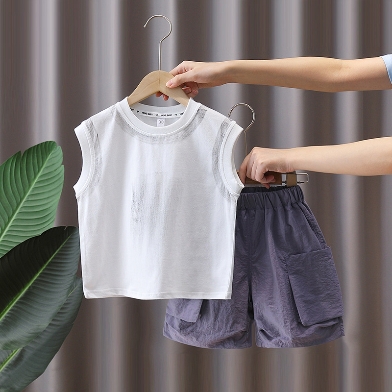7372 Traje de verano para niños 2025 Nueva ropa sin mangas de verano Chaleco y pantalones cortos de dos piezas de verano
