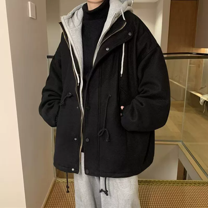 Men's wool coat with hood, oversized thickened down‑lined jacket, black, sizes M–2XL