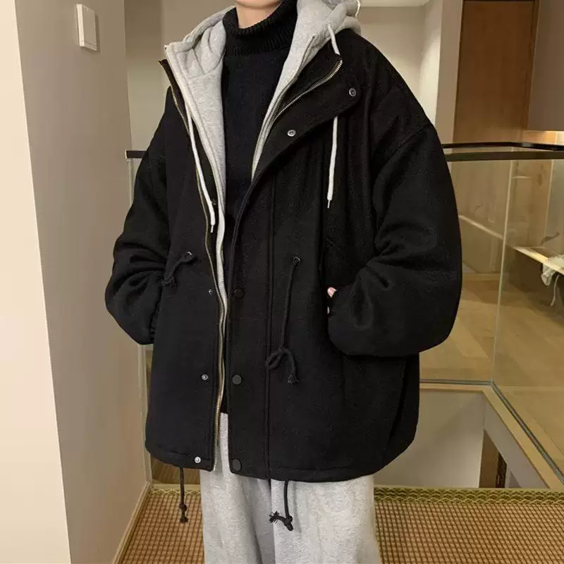 Men's wool coat with hood, oversized thickened down‑lined jacket, black, sizes M–2XL