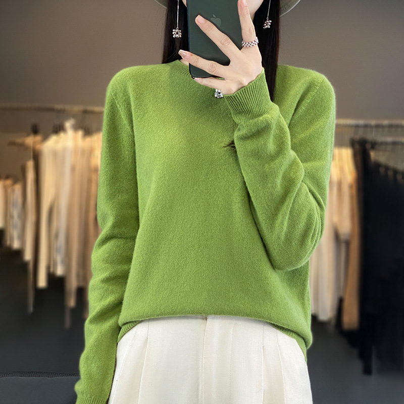 Otoño e Invierno 100% suéter de lana pura de las mujeres de cuello redondo Jersey corto de lana de manga larga suéter recto suéter a juego ropa exterior