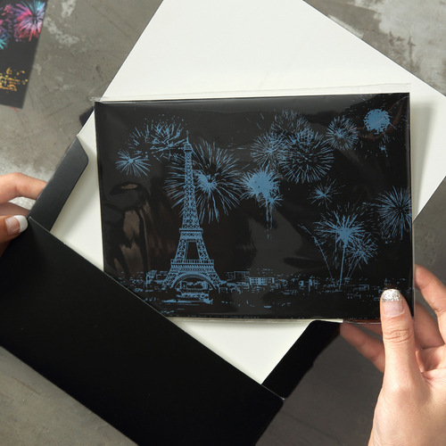 Small colorful city night scene scratch-off painting 4-piece postcard style scratch-off painting set cross-border creative birthday gift