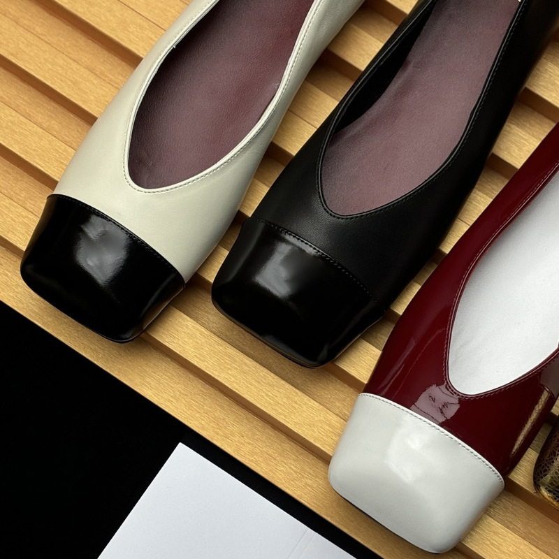 High-End Quality 2026 Chanel-Style Genuine Leather Square-Toe Retro Color-Blocked Shallow-Cut Chunky Heel Fashionable and Elegant High-Heeled Shoes