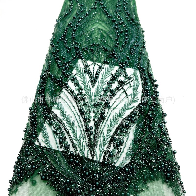 Peacock Feather Heavy Duty Pearl Pipe Mesh Fabric Fonytail Clavado a mano Beads Fishtail vestido de boda tela