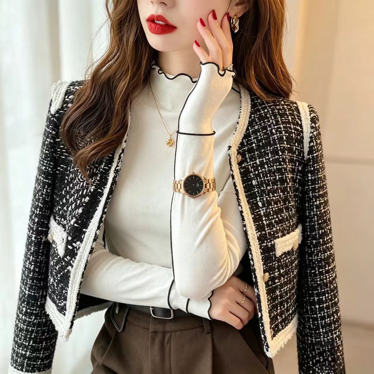 여성용 귀부분 밑단 셔츠 2025 가을 겨울 보온 속옷, 슬림핏 양면 긴팔 티셔츠