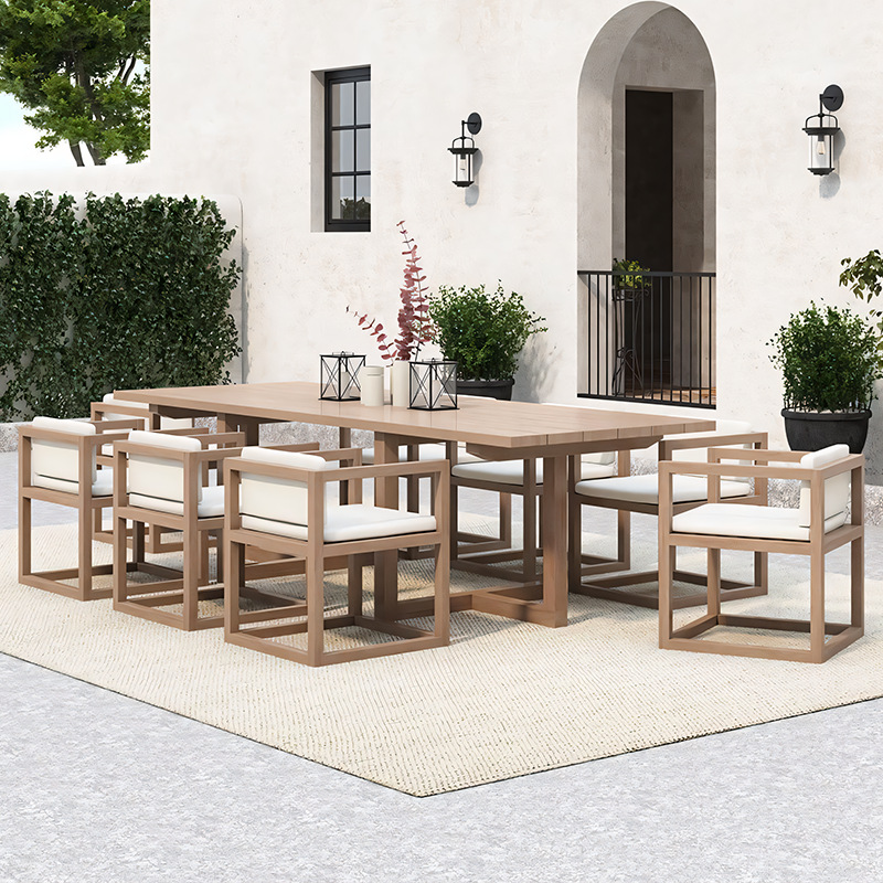 Mesas y sillas de teca para exteriores para patios de villas, mesas largas de madera impermeables para todo tipo de clima, mesas de madera maciza anticorrosivas para jardín exterior.