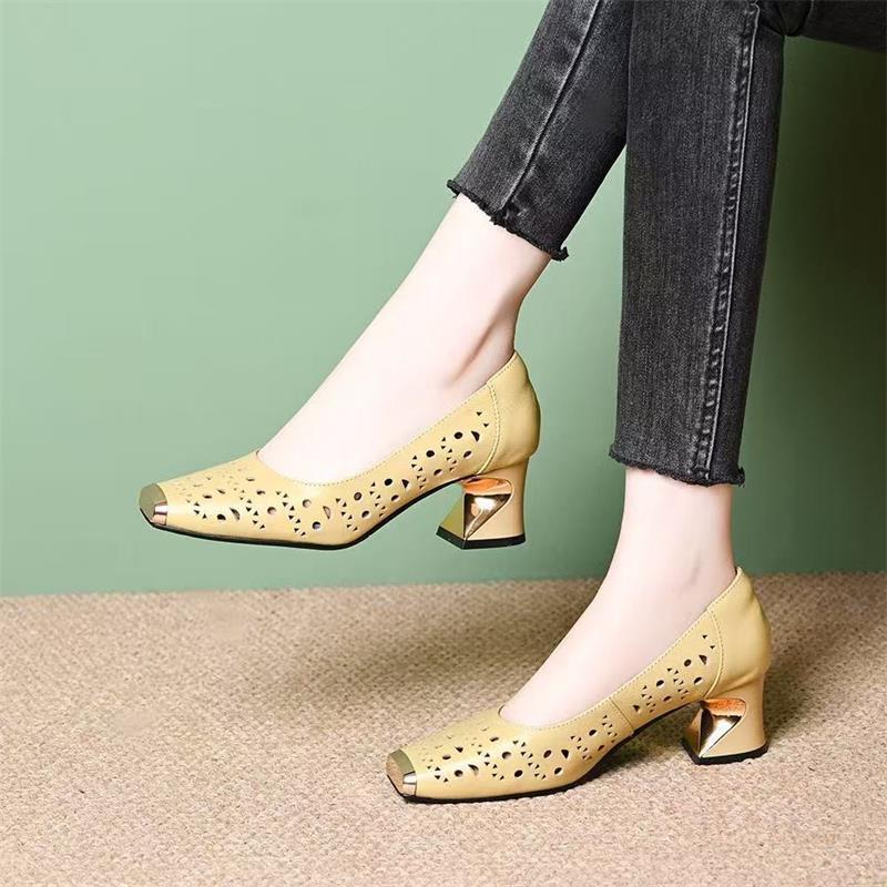 2026 nueva primavera y verano hueco de cuero suave zapatos de tacones de cuero suave zapatos de cuero cuadrado no cansados zapatos de tacones altos