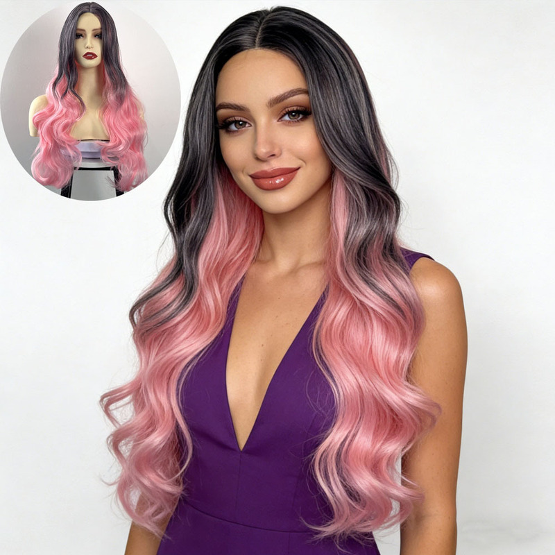 Cross-Border Foreign Trade European and American Wigs for Women, Gradient Long Curly Hair, Black Gradient Pink, Fluffy Big Waves, Synthetic Fiber Full Wig