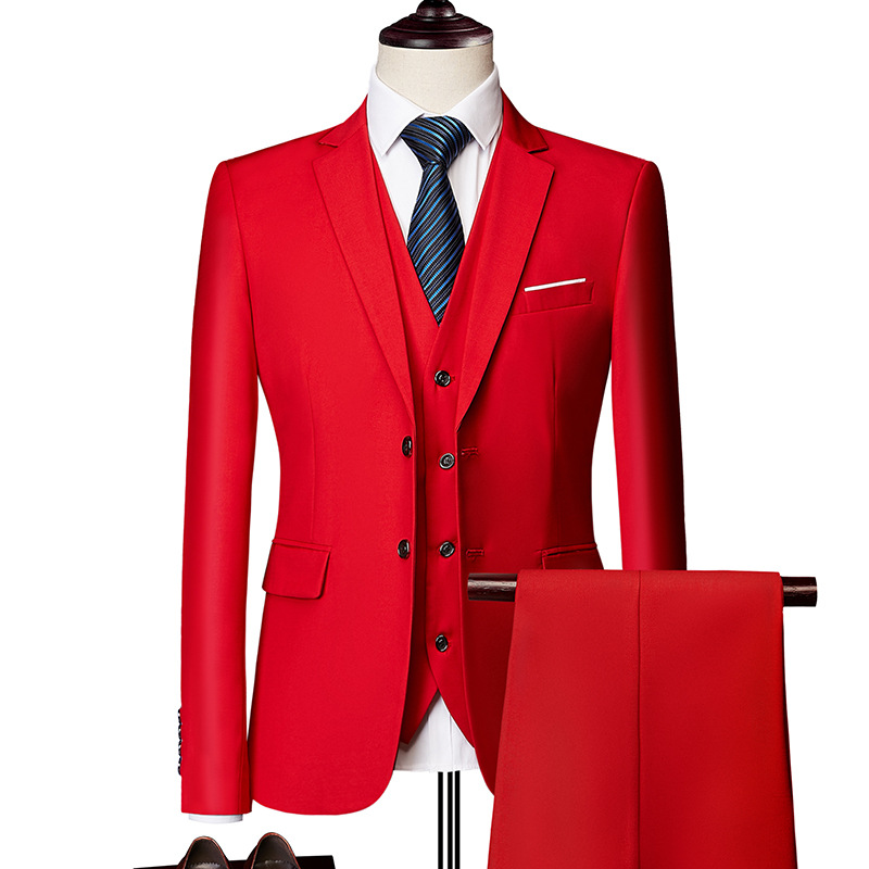 男士商务休闲西装套装西服套装大红色三件套QT3002-533三件套