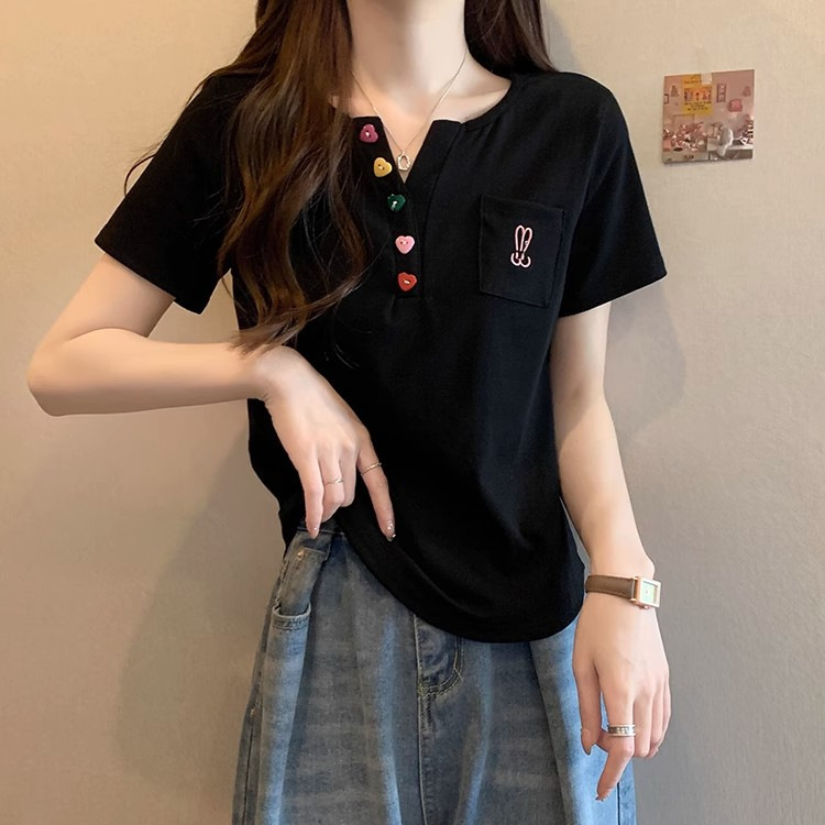 plus size loose casual Joker 200kg fat V-neck shoulder short sleeve T-shirt women