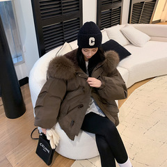 棉服女大毛领2025冬装新款棉衣牛角扣短派克服冬季防寒外套女