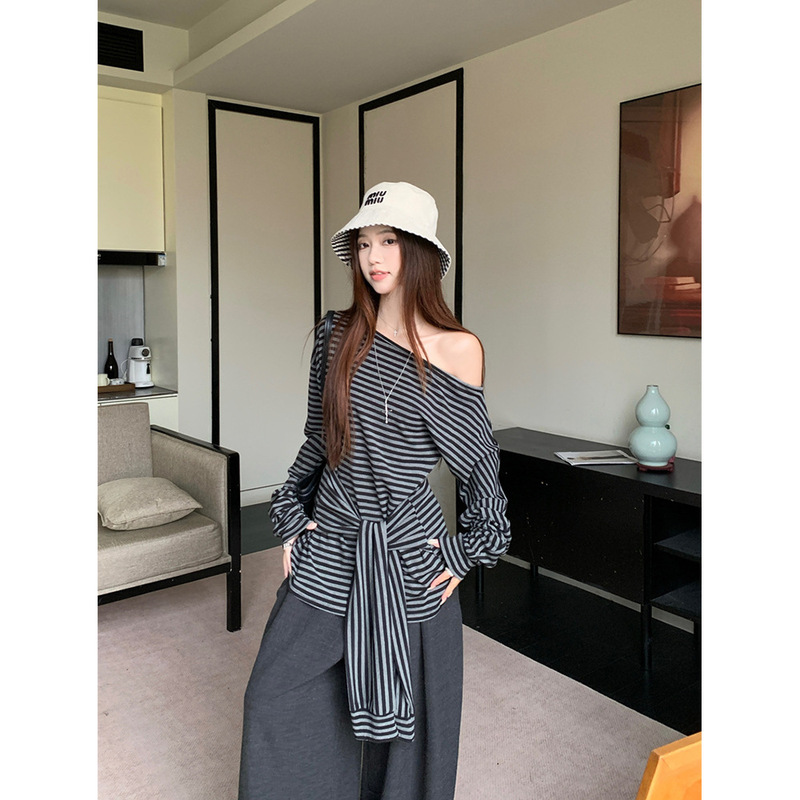 条纹斜肩绑带设计感长袖T恤阔腿休闲长裤女2025秋季新款时尚套装|undefined