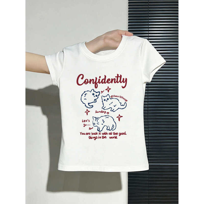 Clean and Stylish Printed Short-Sleeve Women's Summer Slim-Fit Crop Top Korean-Style Elegant Design T-Shirt