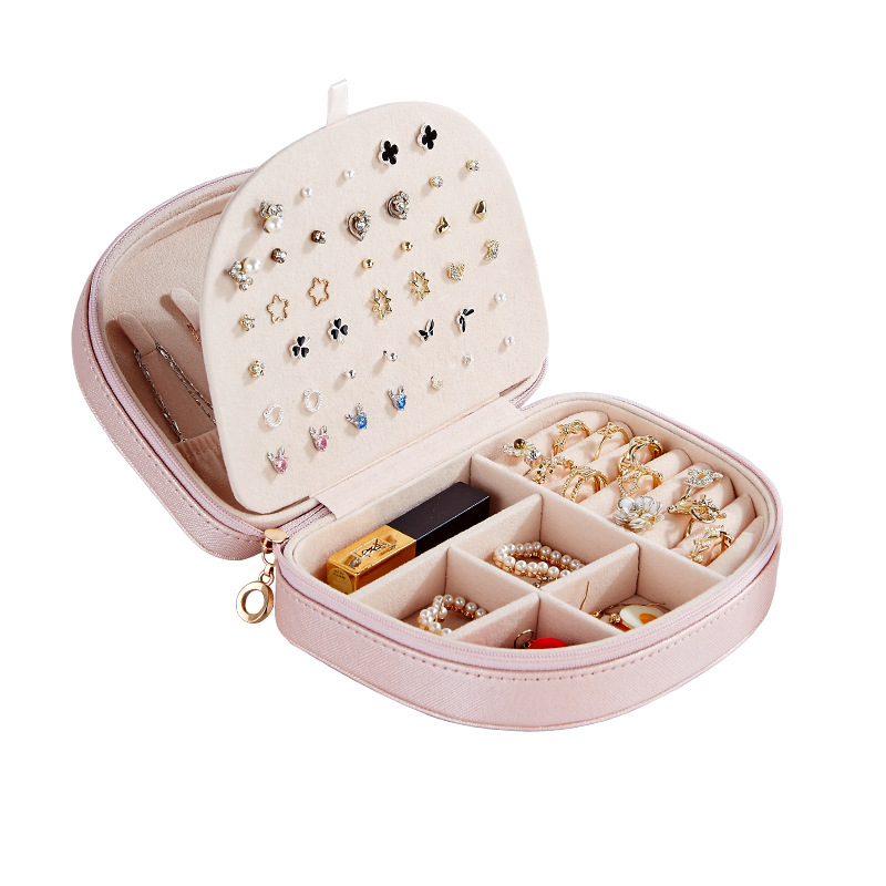 Caja de joyería de venta caliente transfronteriza pequeña semicírculo en forma de concha pendientes anillo collar joyería caja de almacenamiento de cuero para mujeres