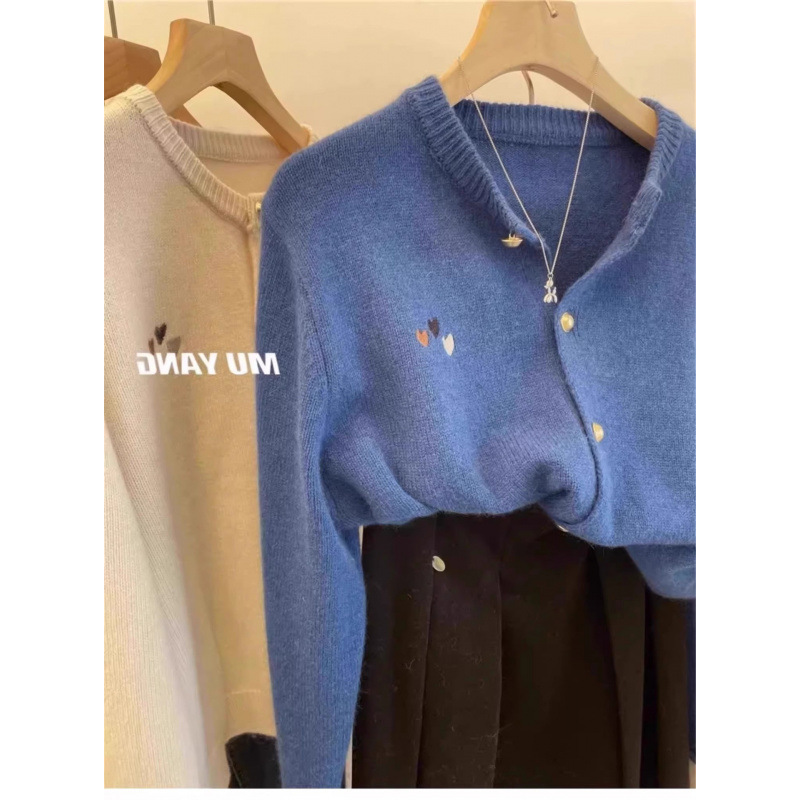 Korean Style Love Embroidered Round Neck Knitted Cardigan Women's Autumn and Winter Loose All-match Knitted Sweater Sweater Base Coat Cashmere