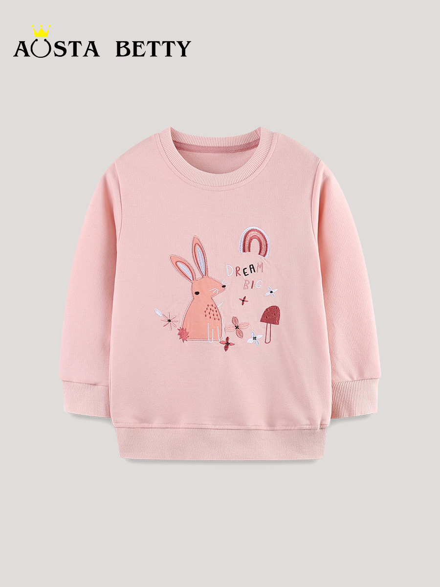 26 otoño nuevo estilo europeo y americano conejo bordado camiseta de niñas camiseta de algodón de punto camiseta de manga larga para niños