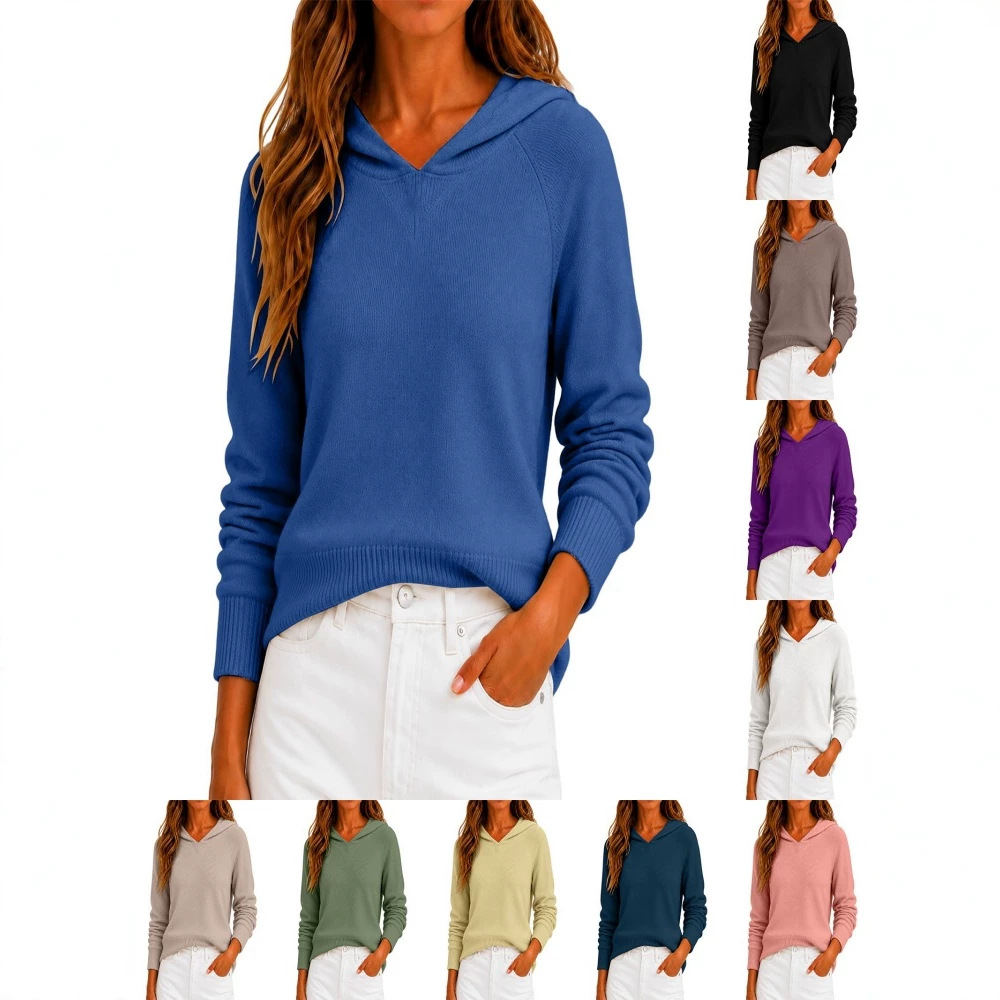 European and American style cross-border Amazon loose, comfortable, casual V-neck hooded solid color autumn and winter pullover long-sleeve knit sweater for women