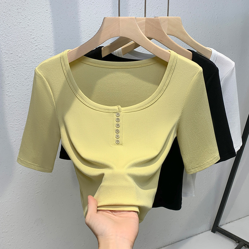 Camiseta de manga media para mujeres 2024 nueva moda de mujer temperamento de cuello redondo camiseta de media manga simple cuando los botones de cintura de la camisa