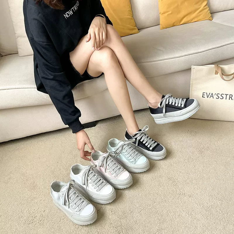 代发厚底小白鞋女春秋内增高松糕鞋西班牙风绸缎鞋小众单鞋女休闲