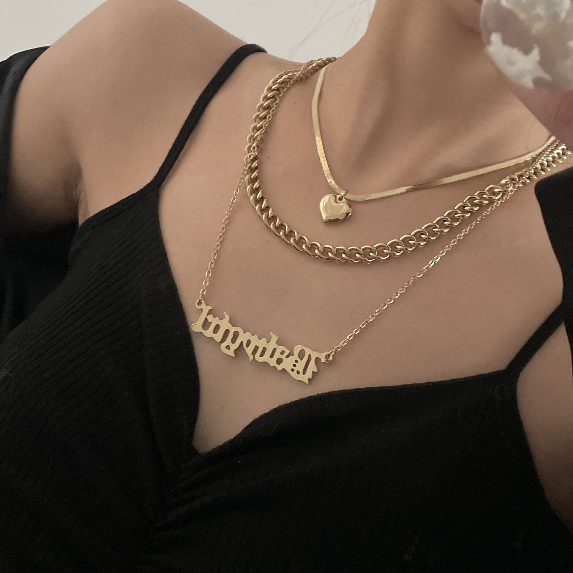 Fashion Three-layer Heart Titanium Steel 18k Gold-plated Letter Pendant Clavicle Chain display picture 4