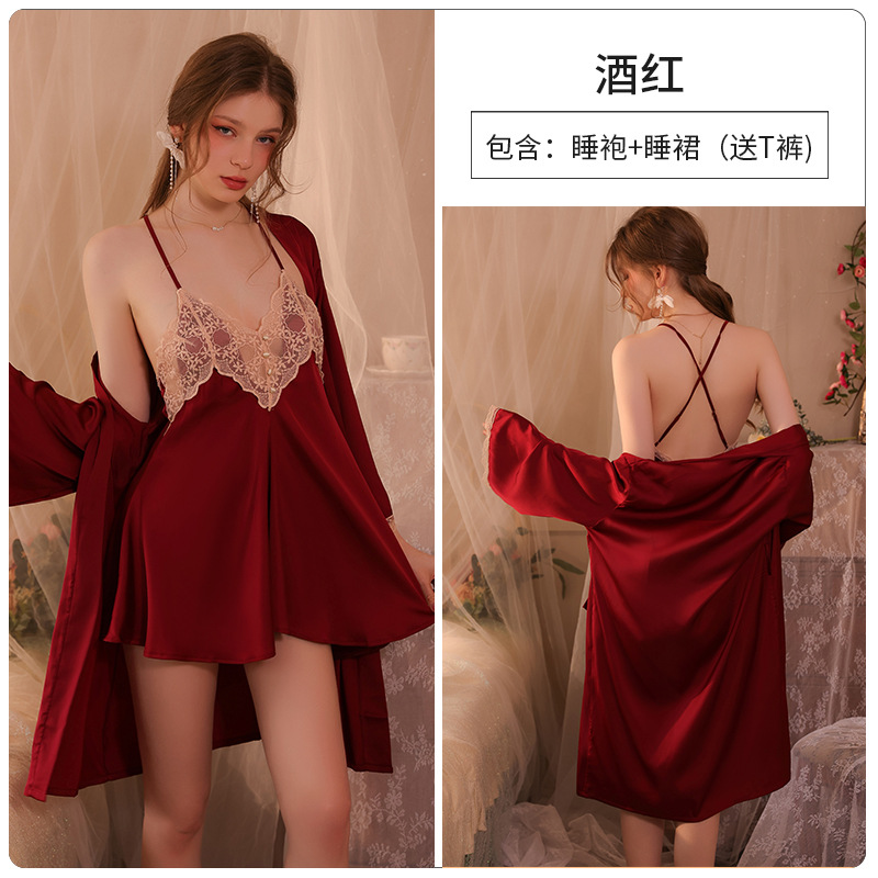 Conjunto de pijama sexy, vestido de tirantes sin espalda de seda helada transparente, ropa de estar por casa, disponible para dropshipping A123, estilo suave y relajado.