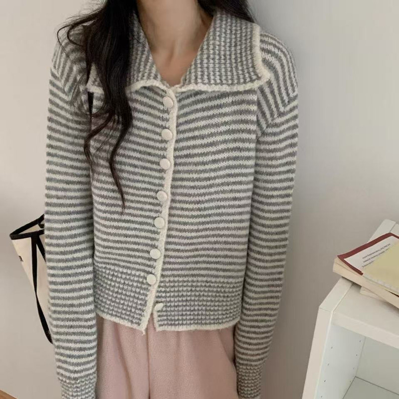 秋冬新款温柔简约风软糯条纹针织上衣女韩系翻领条纹长袖毛衣外套|undefined