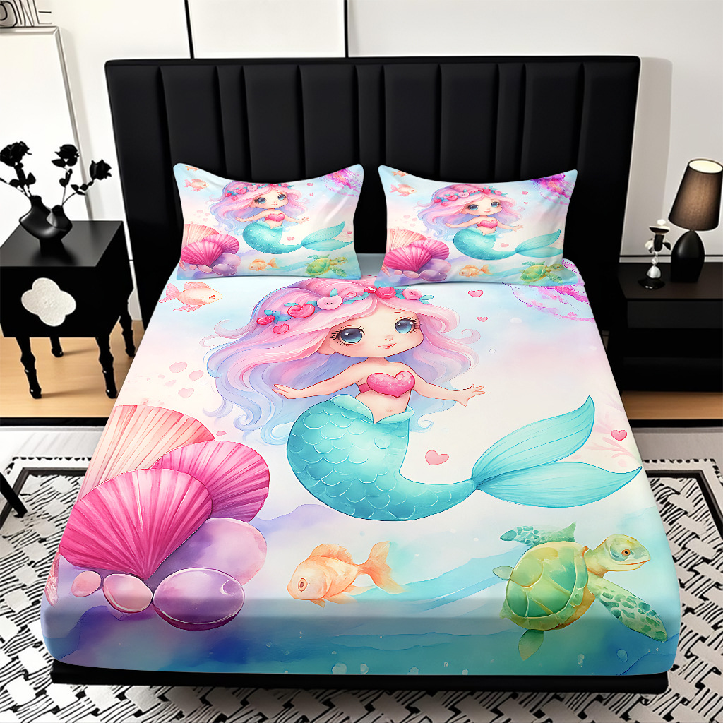 JIT modo Temu 3D impresión de caricatura sirena cama textil casera camisa ropa de cama tres piezas set transfronterizo mayorista