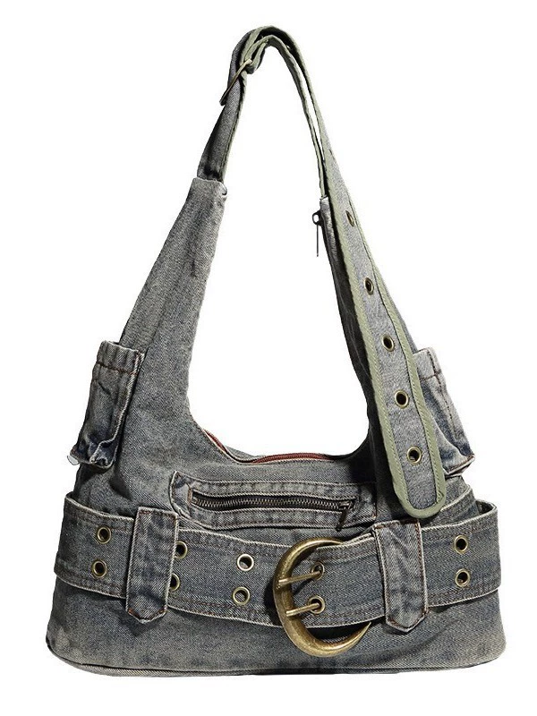 Denim Underarm One-Shoulder Bag, Spacious Washed Blue, Adjustable Strap