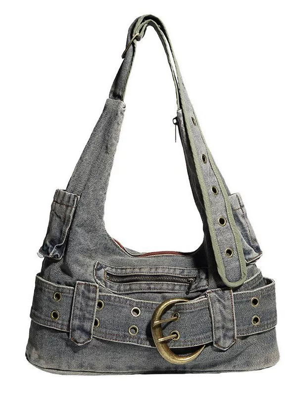 Denim Underarm One-Shoulder Bag, Spacious Washed Blue, Adjustable Strap