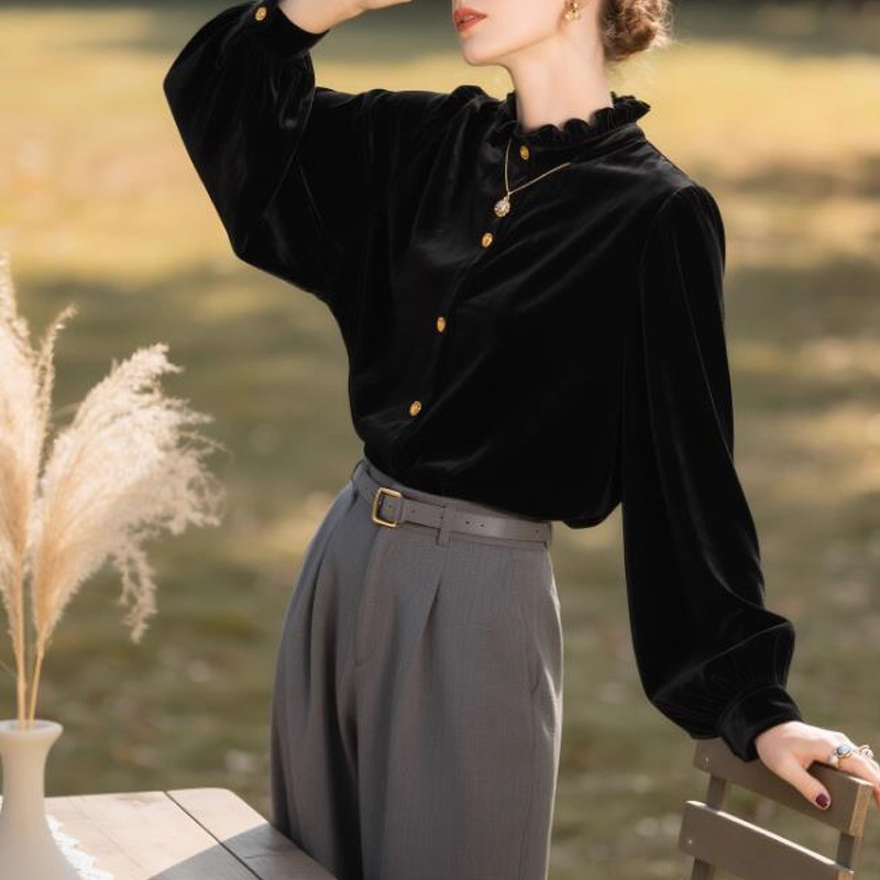 Black Velvet Shirt for Women, 2025 Autumn and Winter New Style, High-End Fashion Versatile Shirt, Slimming Long-Sleeve Top Black Velvet Shirt for Women, 2025 Autumn and Winter New Style, High-End Fashion Versatile Shirt, Slimming Long-Sleeve Top