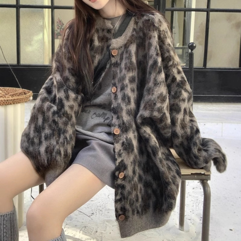 美式复古风宽松豹纹提花毛衣外套女2025秋冬加厚慵懒风针织开衫|undefined