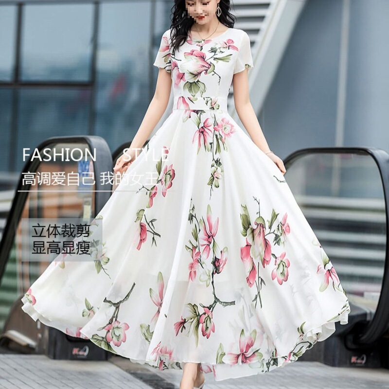 Extra-Long Flared Dress 2026 Summer New Style Round Neck Waist-Cinching Slimming Chiffon White Printed Ankle-Length Dress Extra-Long Flared Dress 2026 Summer New Style Round Neck Waist-Cinching Slimming Chiffon White Printed Ankle-Length Dress