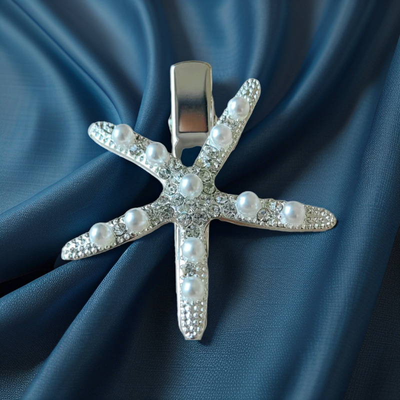 跨境新娘珍珠海星发夹婚纱镶钻留海夹森系女孩金色/银色刘海