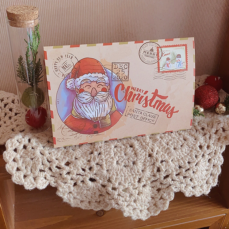 レトロ牛革クリスマスグリーティングカードクリスマスギフトカードかわいい漫画折り返しカード祝福メッセージカード封筒付き|undefined