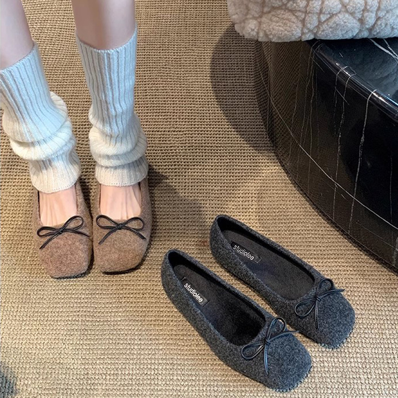 Grape Mom otoño e invierno nueva moda lazo lana terciopelo cálido boca baja ballet zapatos planos mujeres